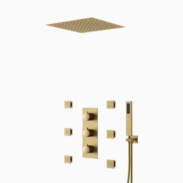 Swains Thermostatic 5-Spray Ceiling Mount Handheld Shower Head 2.5 GPM LED Chromotherapy Shower Faucet in Brushed Gold