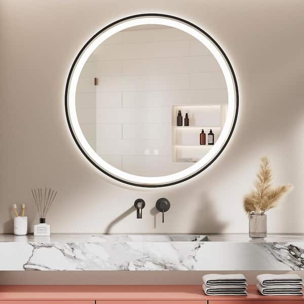 HOMEIBRO 28 in. W x 28 in. H Round Framed LED Light with 3 Color and Anti-Fog Wall Mounted Bathroom Vanity Mirror in Black