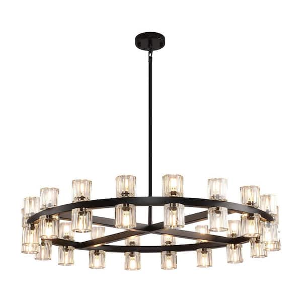 PUYRNF 36-Lights 36 in. Black Wagon Wheel Chandelier Crystal Round Chandeliers for Dining Room Living Room Kitchen Foyer