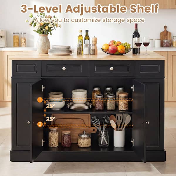 Black Wood 47 in. Large Kitchen Island Drop Leaf Breakfast Bar w/Wood Top Shelves Drawers