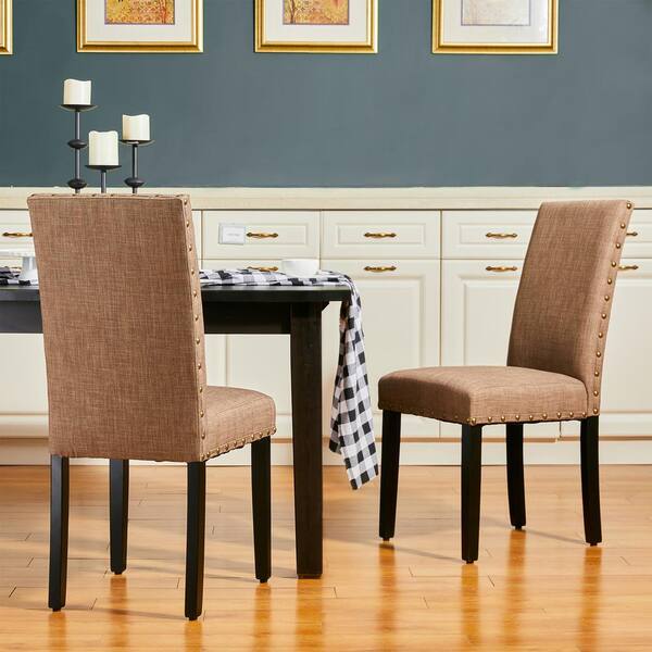 Glitzhome Upholstered Tan Fabric Dining, Studded Dining Room Table