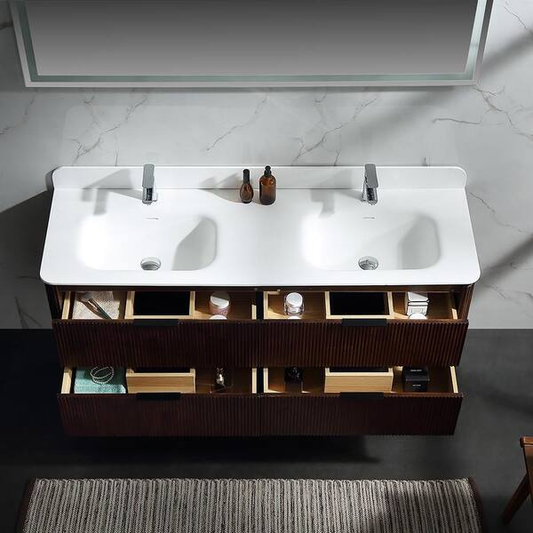 Wenlorin 60 in. Double Sinks Floating Walnut Bath Vanity with White Acrylic Top Pre-Assembled