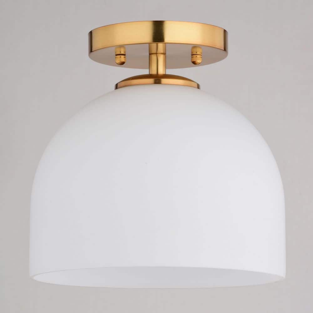 Shelby 9.25-Inch Brass and White Glass Semi-Flush Mount Light