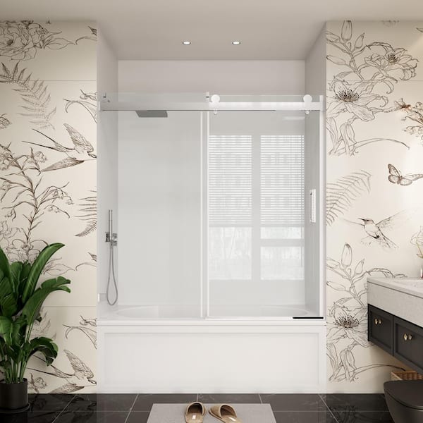 YINVANI 60 in. W x 66 in. H Single Sliding Frameless Soft Close Bypass Bathtub Door in Chrome with 3/8 in. Clear Glass