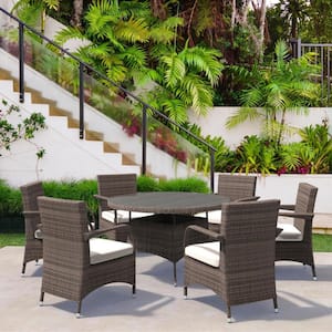 May Gray 7-Piece Wicker Patio Fire Pit Conversation Chair Set with Beige Cushions