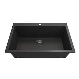 Campino Uno Matte Black Granite Composite 33 in. Single Bowl Drop-In/Undermount Kitchen Sink with Strainer