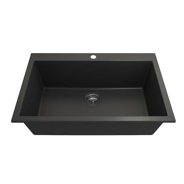 BOCCHI 33 Campino Uno Dual Mount Granite Single Bowl Kitchen Sink with Strainer, Matte Black