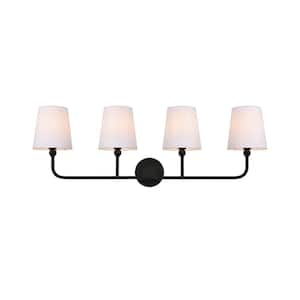 Simply Living 36 in. 4-Light Modern Black Vanity Light with White drum Shade