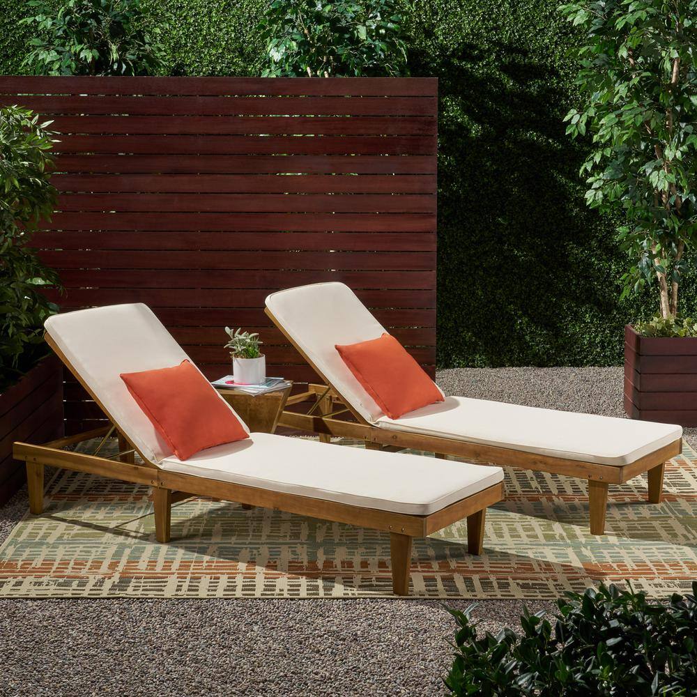 Teak and Cream Acacia Wood Chaise Lounge Set with Cushions