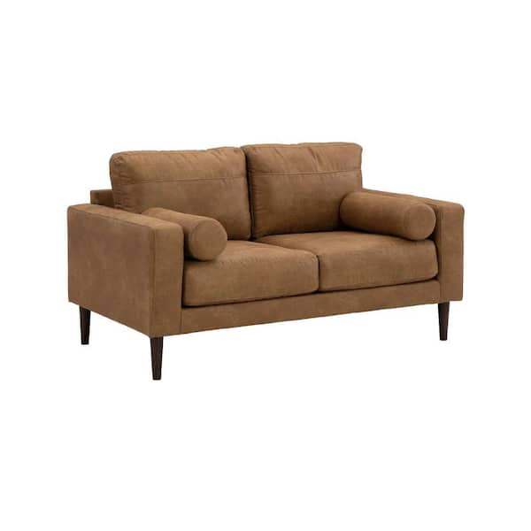 Benjara 35 in. Brown Solid Print Faux Leather 2-Seater Loveseat with Wooden Frame