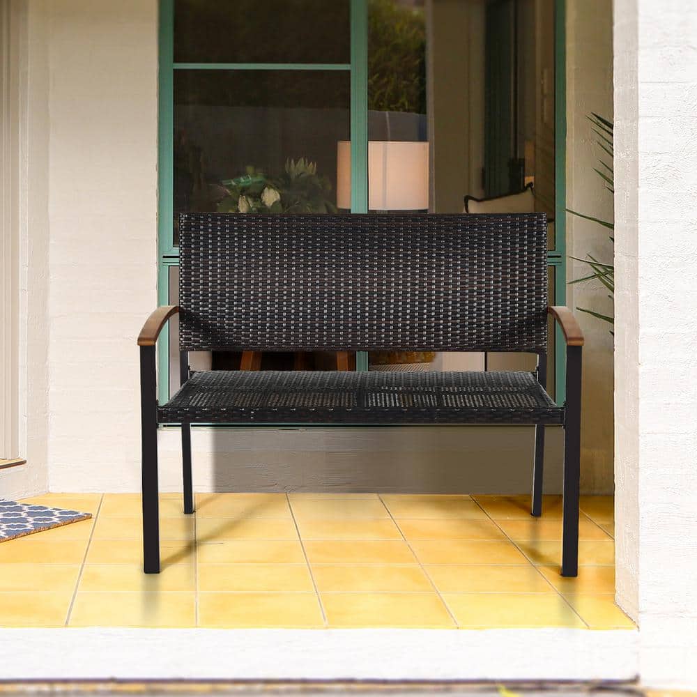 Weather-Resistant Rattan Wicker Loveseat with Steel Frame and Acacia Armrests