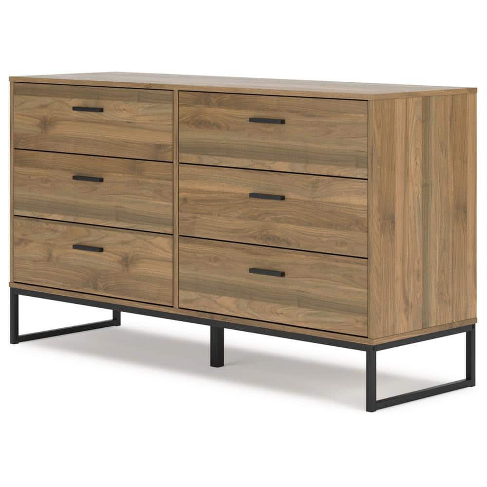 Honey Brown Mid-Century Modern 6-Drawer Dresser with Metal Legs