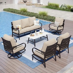 Metal Slatted 7-Seat 6-Piece Outdoor Patio Conversation Set with Beige Cushions, Table with Marble Pattern Top