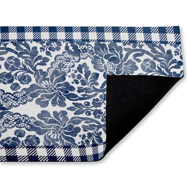 Navy Gingham Florals Blue 18 in. x 30 in. Polyester Non-Slip Outdoor Door Mat