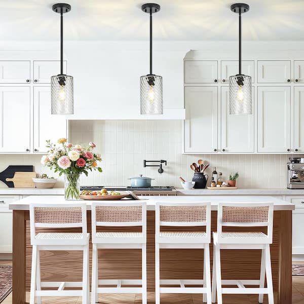 Rayhome 5.9 in. 1-Light Black Vintage Pendant Light w/ Hand-Blown Striped Clear Glass Shade for KitchenIsland Livingroom