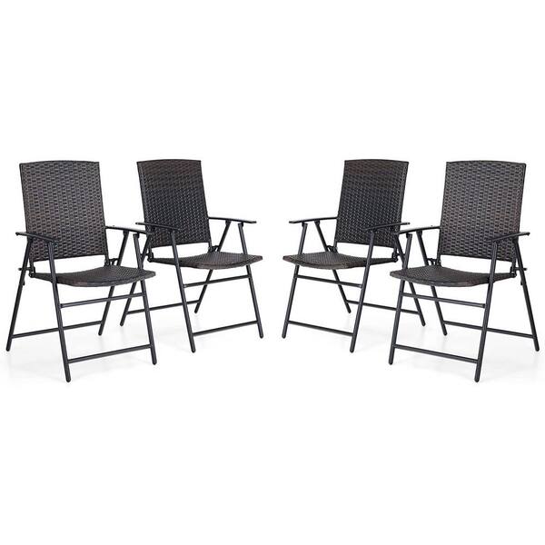 PHI VILLA Black Metal Outdoor Patio Dining Chairs Folding Reclining Rattan Chairs (4-Pack)