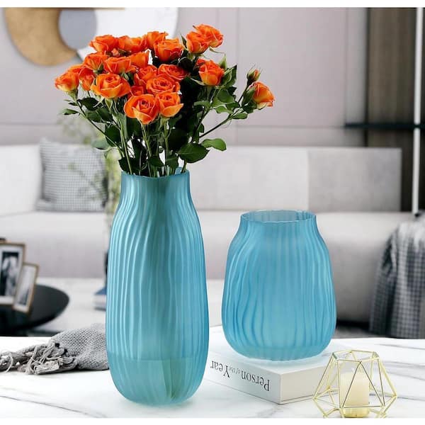 12 in. Frosted Blue Glass Vase for Elegant Home & Farmhouse Decor UMPV159