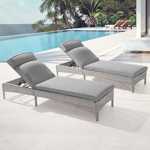 Outdoor Patio Wicker Chaise Lounge Chairs with Adjustable Inclination Angles, Gray Cushion