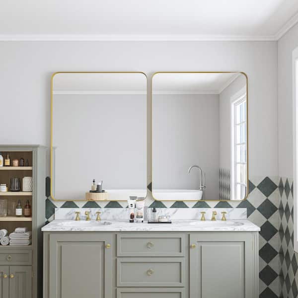 EAKYHOM 30 in. W x 40 in. H Rectangular Metal Framed Rounded Corner Wall Mounted Bathroom Vanity Mirror in Matte Gold