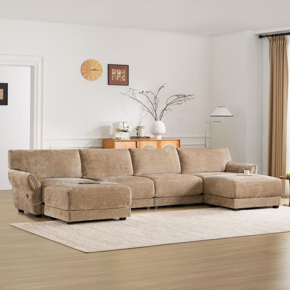 Extra-Wide Chenille 6-Seat L-Shape Modular Sectional Sofa in Khaki with USB