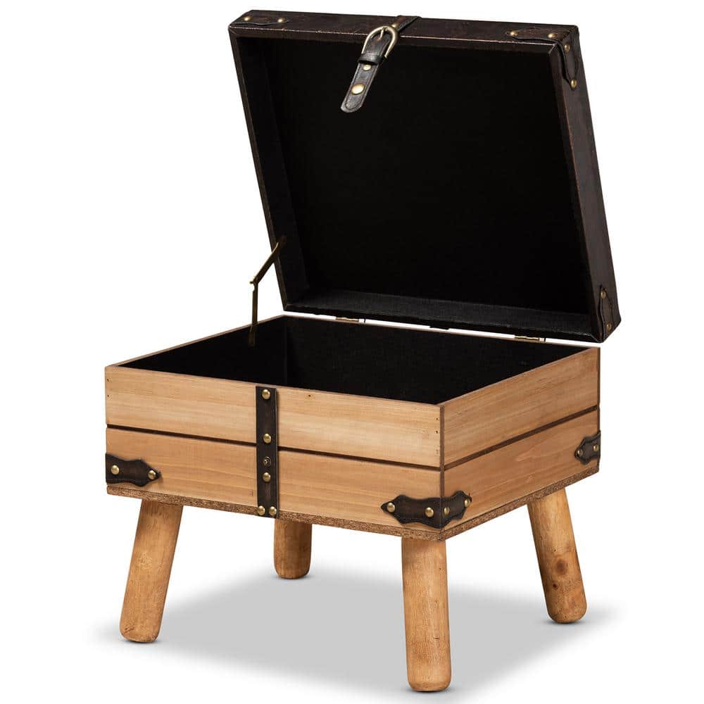 Rustic Oak and Dark Brown PU Leather Small Storage Ottoman