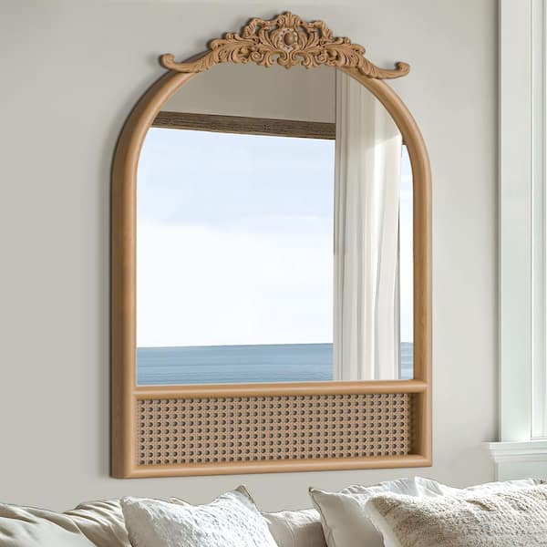 Lirago 24 in. W x 36 in. H Classic Carved Arch Wood Frame with Rattan Bottom Wall Mirror in Brown