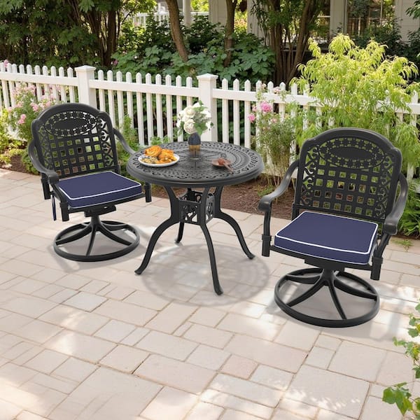 3-Piece Black Cast Aluminum Patio Outdoor Dining Set with Round Table and 2 Swivel Chairs with Blue Cushions