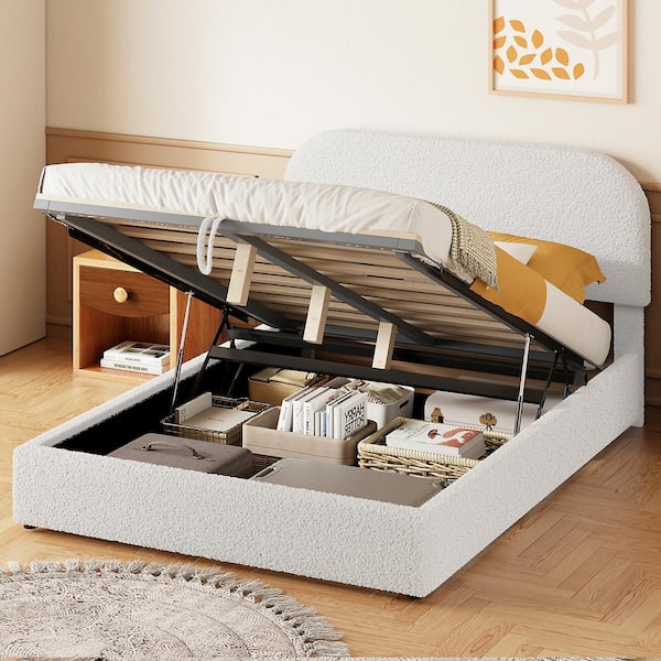 Harper & Bright Designs White Wood Frame Full Size Teddy Fleece Upholstered Platform Bed with Hydraulic Storage System and Pull Rope