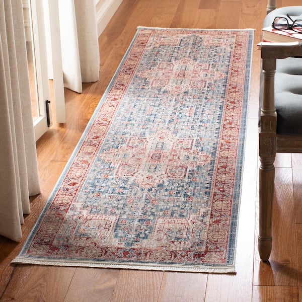 Kenitra 2 ft. x 10 ft. Blue/Red Distressed Ornate Runner Rug