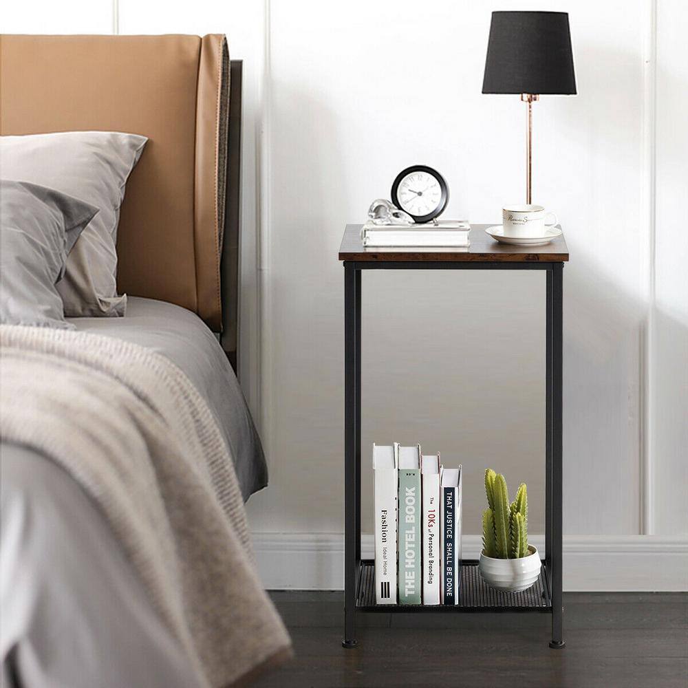 Rustic Brown 2-Tier Industrial Wood and Metal End Table