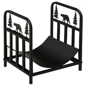 17 in. Curved Firewood Rack Holder with Bear and Pine Tree Design, Log Storage Rack with Handle