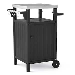 26.85 in. D Outdoor HDPE and Metal Grilling Cart Table with Storage in Black