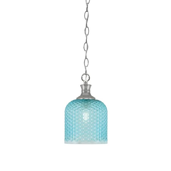 Unbranded Tyler 60-Watt 1-Light Brushed Nicke Chain Mini Pendant Light with Turquoise Textured Glass Shade