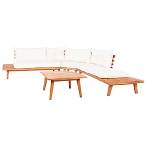 Lansen Natural Wood Outdoor Patio Sectional with Beige Cushions