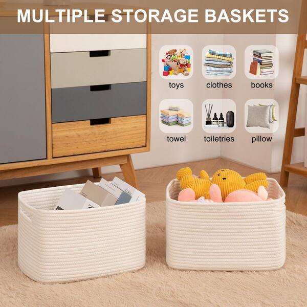 White 13 in. x 7.8 in. Cotton Rope Toy Storage Bins Woven