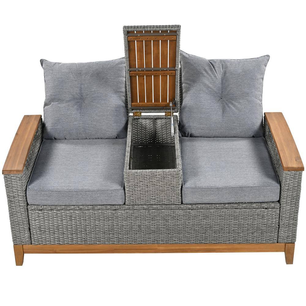 Polibi Gray Wood Outdoor Comfort Adjustable Back Loveseat with Gray