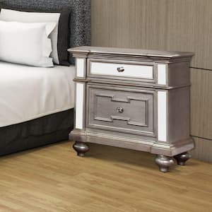 28 in. Silver 2-Drawer Bedside Nightstand with Mirror Panels and Crystal Acrylic Knobs
