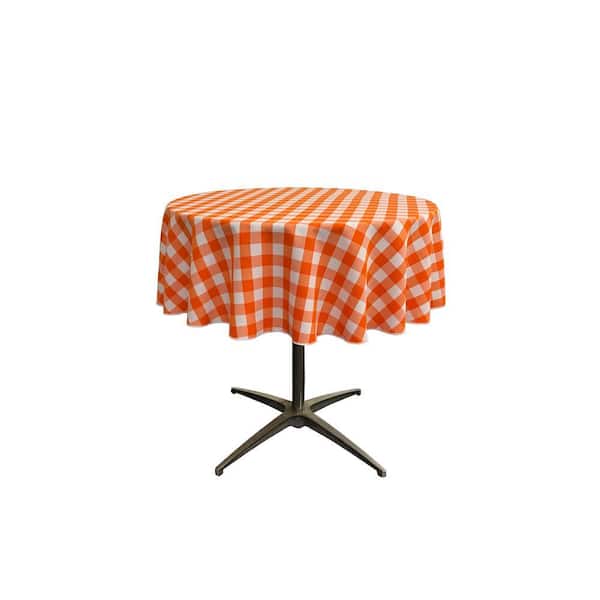 "58 in. White and Orange Polyester Gingham Checkered Round Tablecloth"