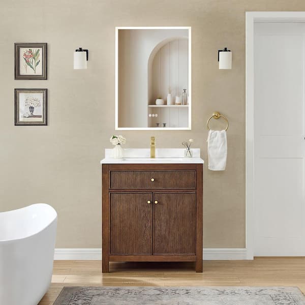 Pendry 30 in. Single Freestanding Dark Walnut with Brushed Gold Trim Bath Vanity with Giotto Quartz Top