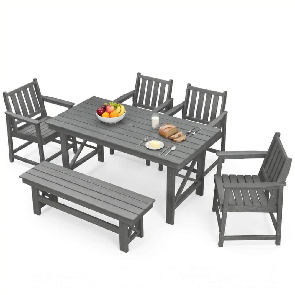6-Piece HDPE Outdoor Dining Set, 4 Chairs 1 Bench and Rectangle Dining Table with Umbrella Hole, Gray price history on PriceWatchPro