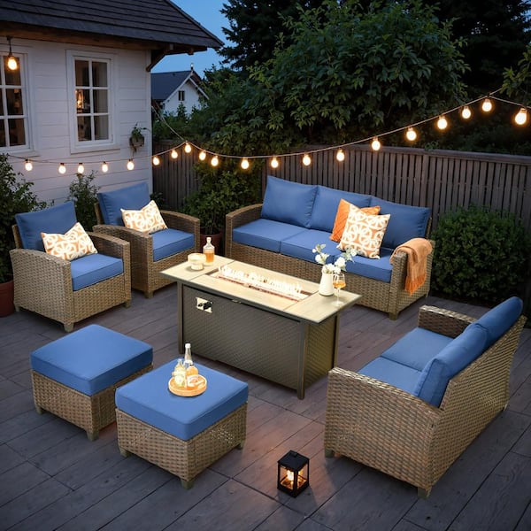 XIZZI Solidago Brown 7-Piece Wicker Patio Rectangular Fire Pit Set with Navy Blue Cushions
