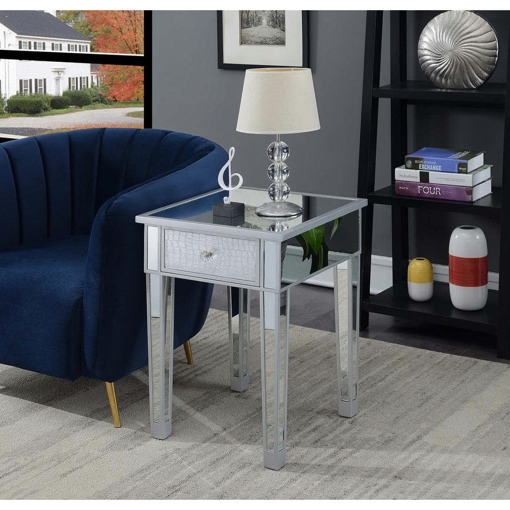 Silver Mirrored Glass and Gray Wood End Table with Drawer