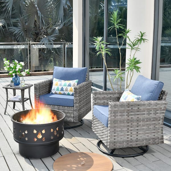 Eufaula Gray 4-Piece Wicker Patio Conversation Swivel Chair Set with a Wood-Burning Fire Pit and Denim Blue Cushions