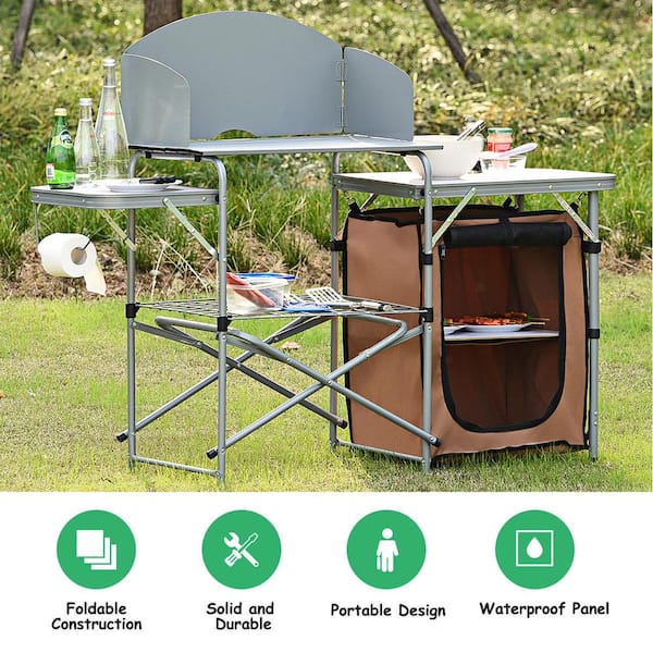 Costway Folding Portable Aluminum Camping Grill Table w/ Storage Organizer  Windscreen Grey