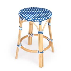 Tobias 24 in. Blue and White Dot Backless Round Rattan Counter Stool (Qty 1)