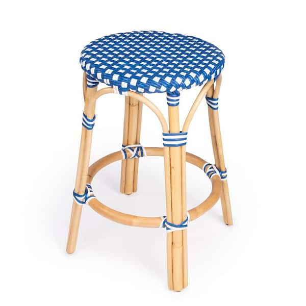 Butler Specialty Company Tobias 24 in. Blue and White Dot Backless Round Rattan Counter Stool (Qty 1)