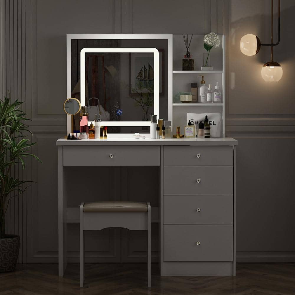 39.4 in. W White LED Dimmable Mirror Dresser Dressing Table with 5-Drawers, Stool and Storage Shelves - thumbnail 5