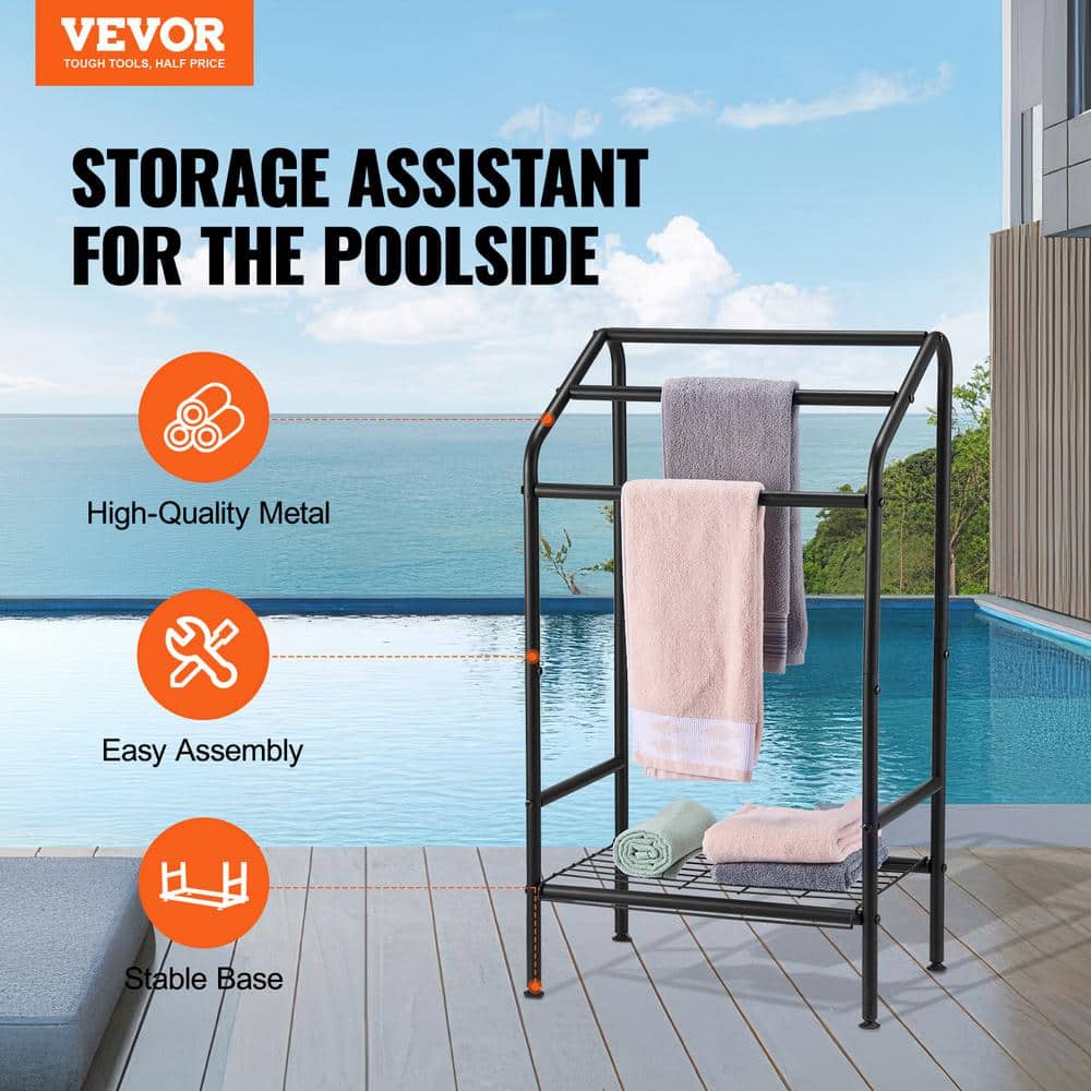 Black Metal Freestanding Triple Towel Rack with Shelf