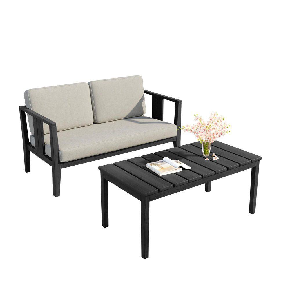 2-Piece Teak Patio Lounge Chairs Conversation Set with Light Camel Cushions and Black Coffee Table price history on PriceWatchPro