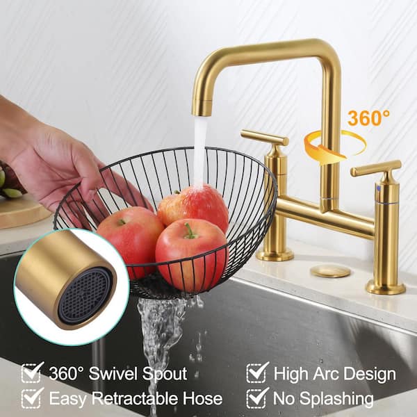 Modern Double Handle High Arc Solid Brass Bridge Kitchen Faucet in Brushed Gold